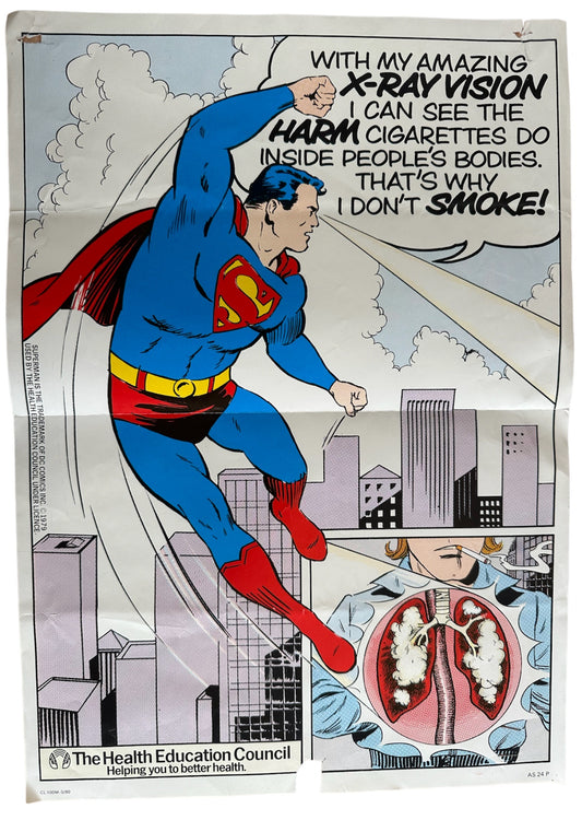 Vintage Rare 1979 Super DC Man Health Education Council Anti Smoking Campaign Poster Very Very Rare