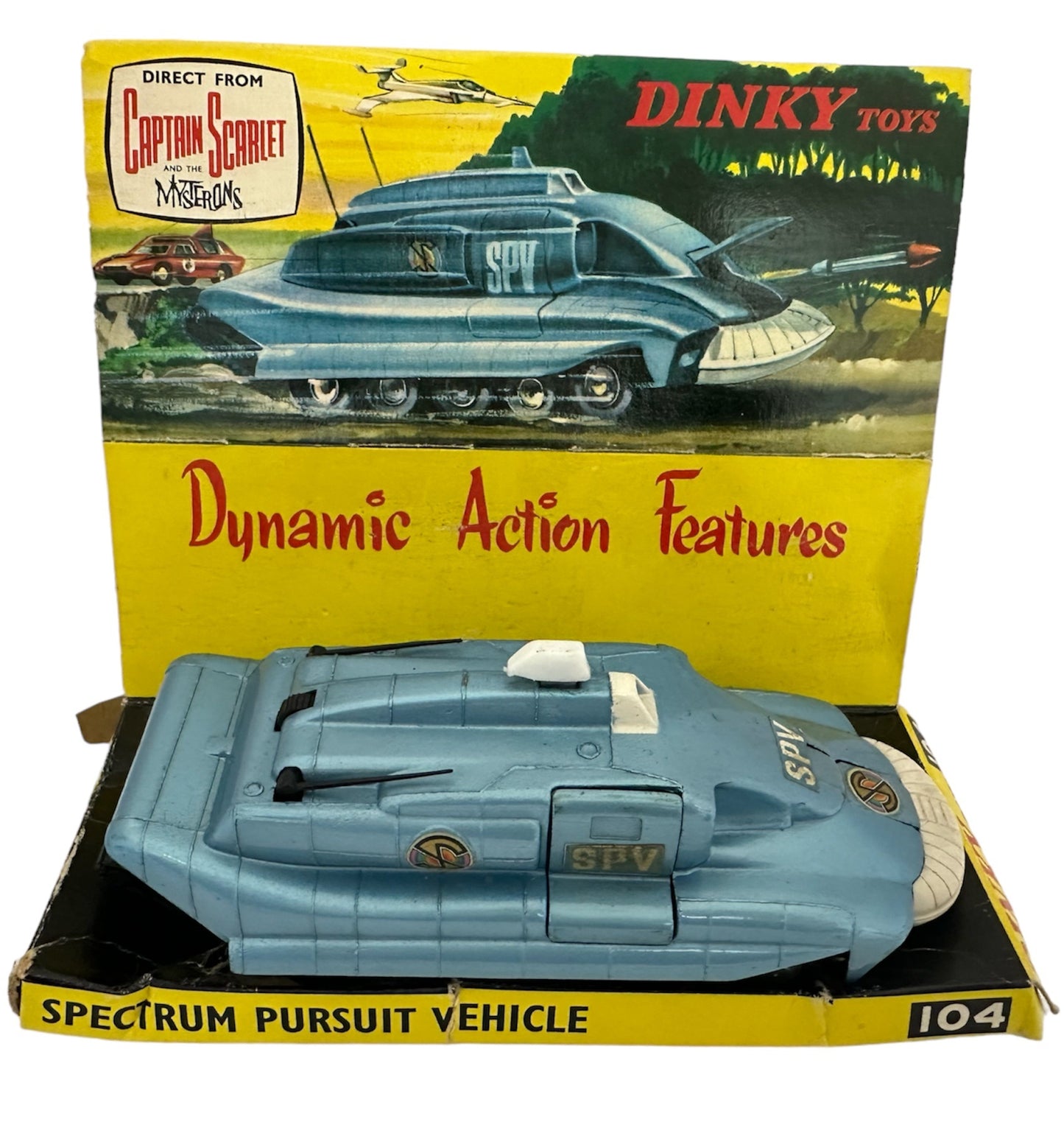 Vintage Dinky Toys 1970 Gerry Andersons Captain Scarlet And The Mysterons SPV Spectrum Pursuit Vehicle Diecast Model No. 104 - Fantastic Condition In The Original Box With Original Display Plinth