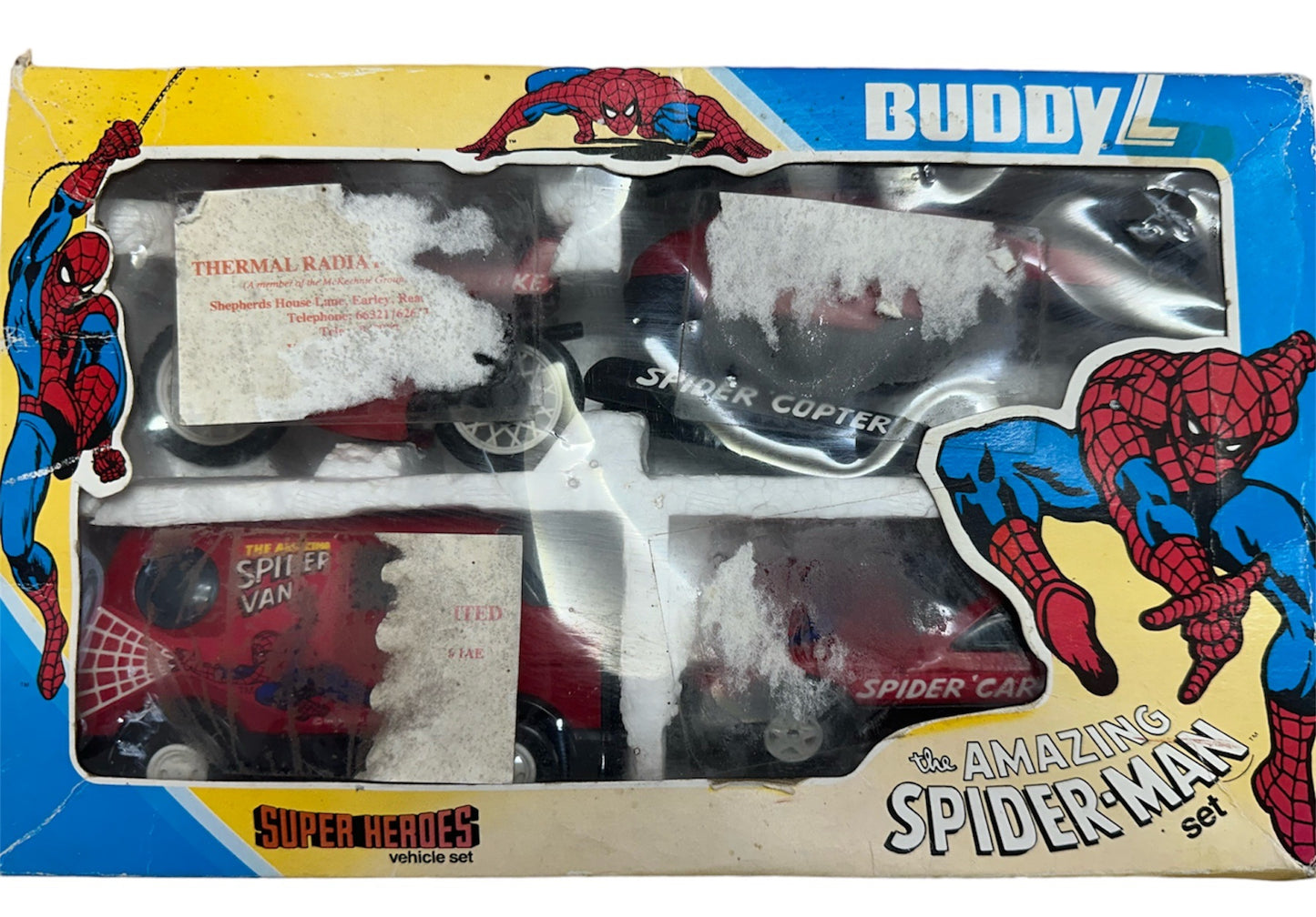 Vintage Buddy L 1982 The Amazing Spider Super Heroes Man Diecast Vehicle Set - Includes Bike, Car, Van & Copter - Fantastic Condition In The Original Box