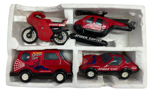 Vintage Buddy L 1982 The Amazing Spider Super Heroes Man Diecast Vehicle Set - Includes Bike, Car, Van & Copter - Fantastic Condition In The Original Box
