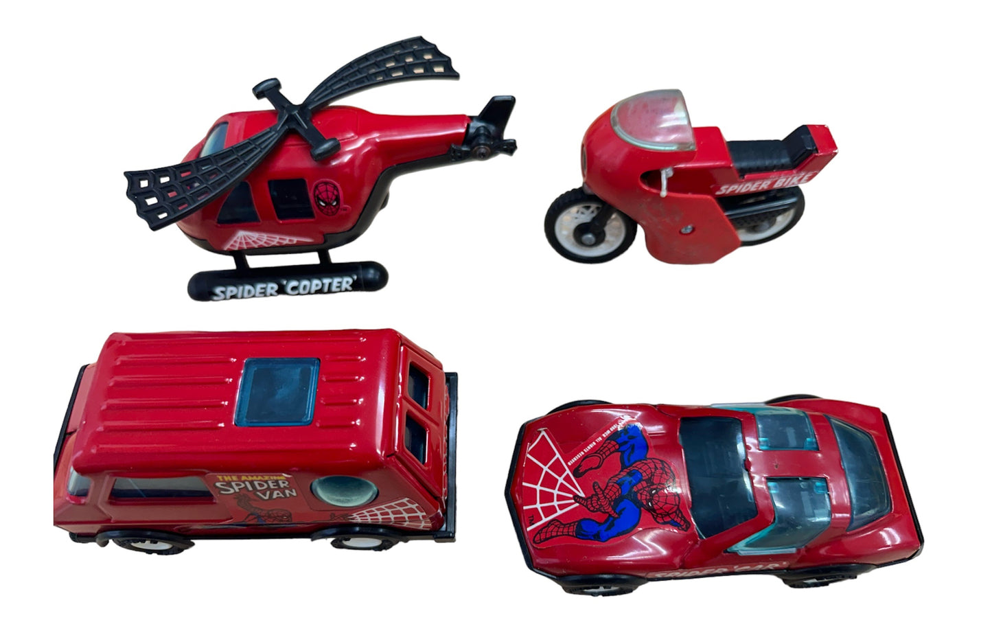 Vintage Buddy L 1982 The Amazing Spider Super Heroes Man Diecast Vehicle Set - Includes Bike, Car, Van & Copter - Fantastic Condition In The Original Box