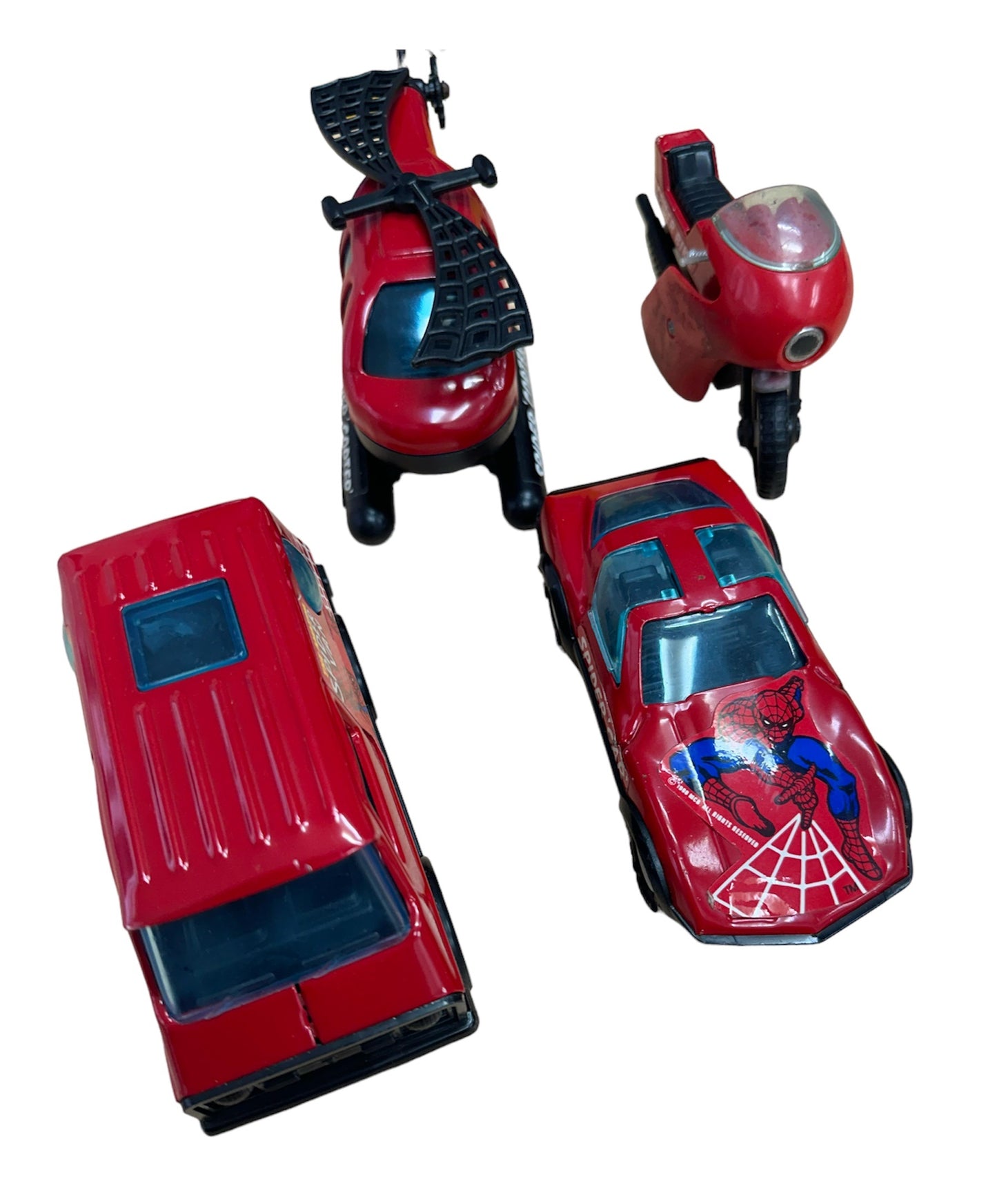 Vintage Buddy L 1982 The Amazing Spider Super Heroes Man Diecast Vehicle Set - Includes Bike, Car, Van & Copter - Fantastic Condition In The Original Box