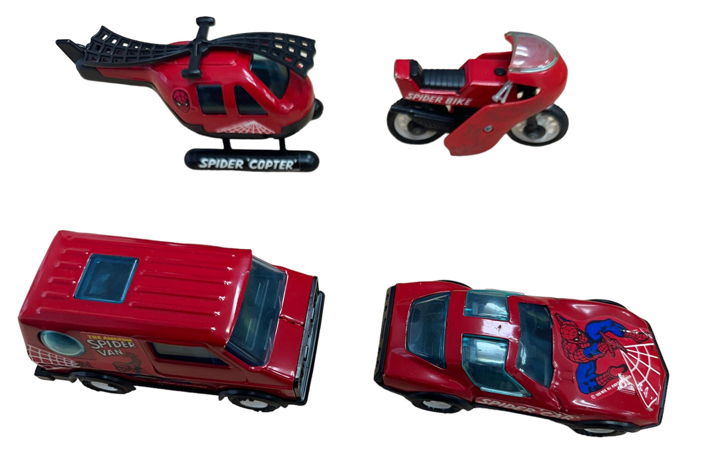 Vintage Buddy L 1982 The Amazing Spider Super Heroes Man Diecast Vehicle Set - Includes Bike, Car, Van & Copter - Fantastic Condition In The Original Box