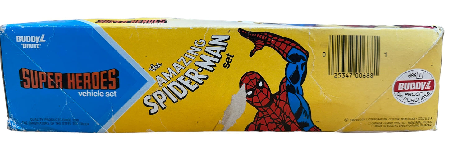 Vintage Buddy L 1982 The Amazing Spider Super Heroes Man Diecast Vehicle Set - Includes Bike, Car, Van & Copter - Fantastic Condition In The Original Box