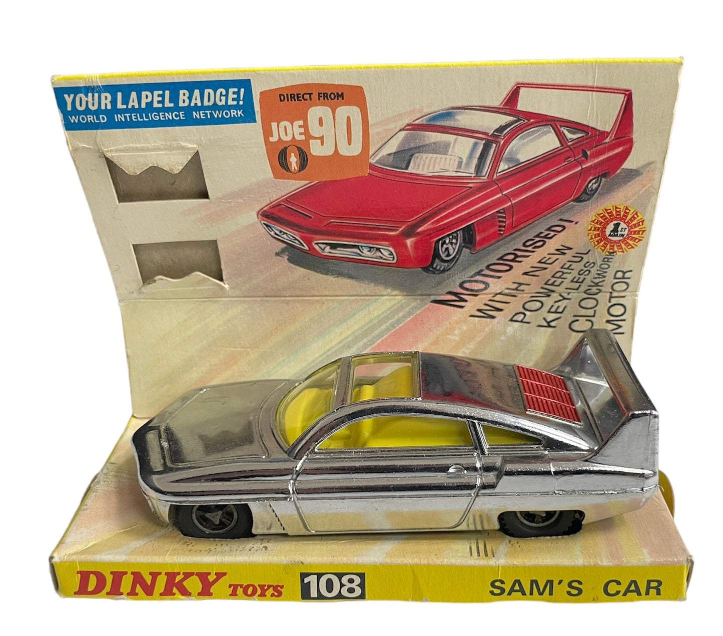 Vintage 1967 Gerry Andersons Joe 90 Dinky Toys Number 108 Sam Loover Sam's Car Diecast Replica Vehicle With Pull Back And Go Action - With Display Plinth & Original Box