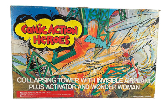 Vintage Megos/Denys Fisher 1976 Comic Action Heroes Playset - Collapsing Tower With Invisible Airplane Plus Activator And Wonder Women Figure - Shop Stock Room Find