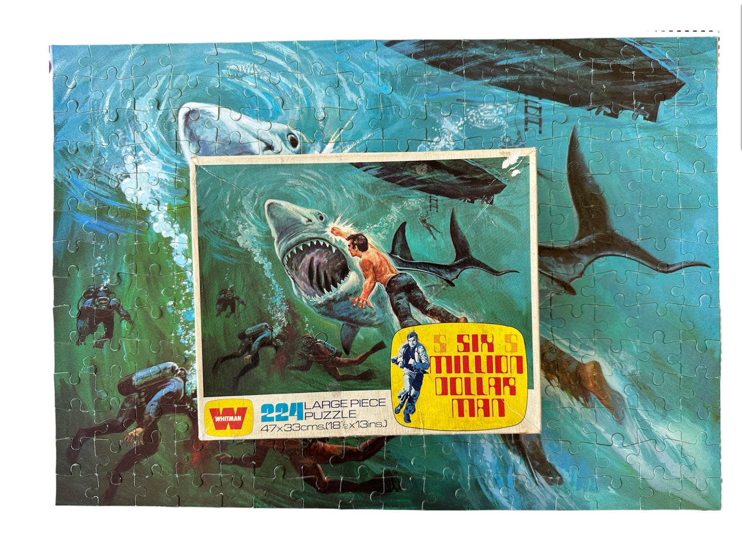 Vintage Whitman 1976 The Six Million Dollar Man 224 Large Piece Jigsaw Puzzle Number 7757 Animated Underwater Great White Shark Fight - Fantastic  Condition 100% Complete And In The Original Box