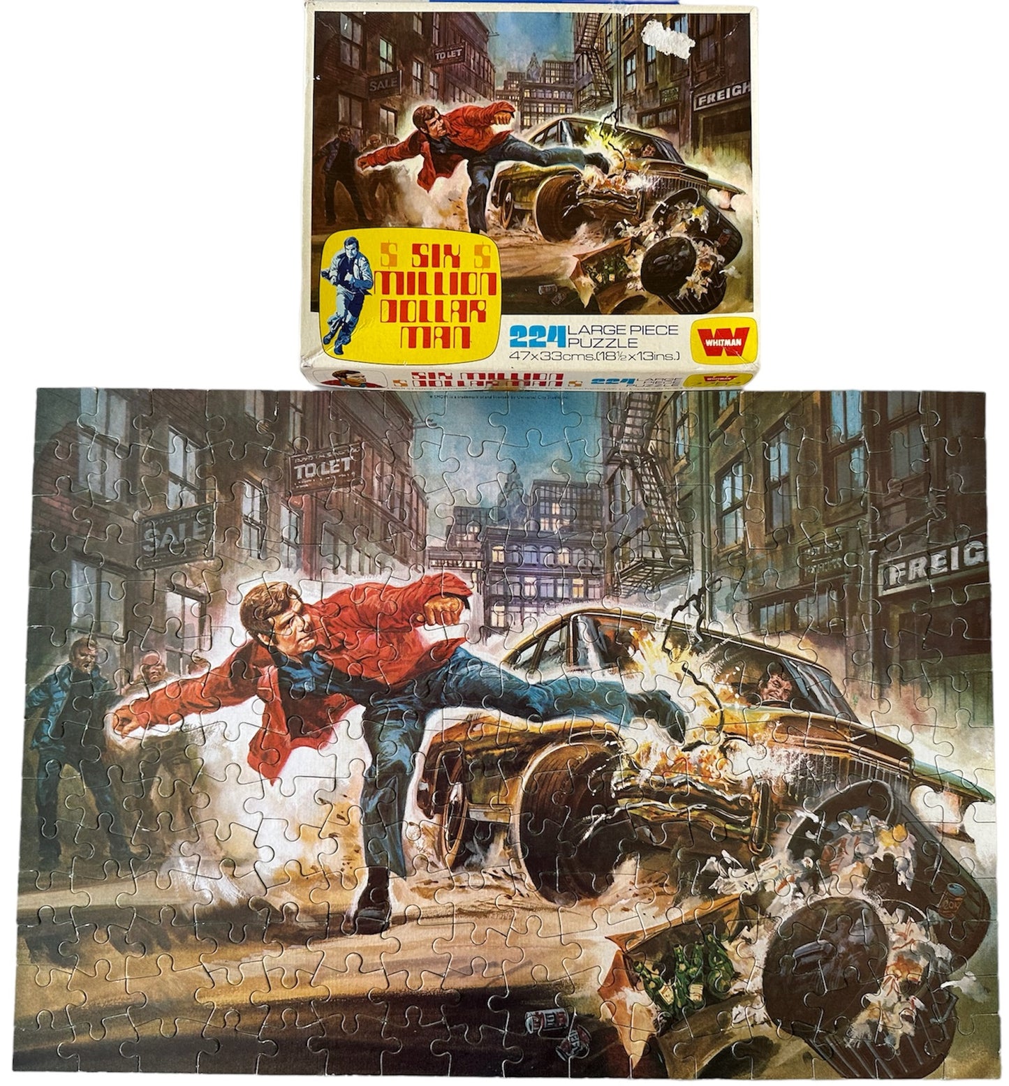 The Six Million Dollar Man Vintage 1976 Whitman 224 Large Piece Jigsaw Puzzle Number 7757 Animated Steve Austin Destroys Car - In The Original Box