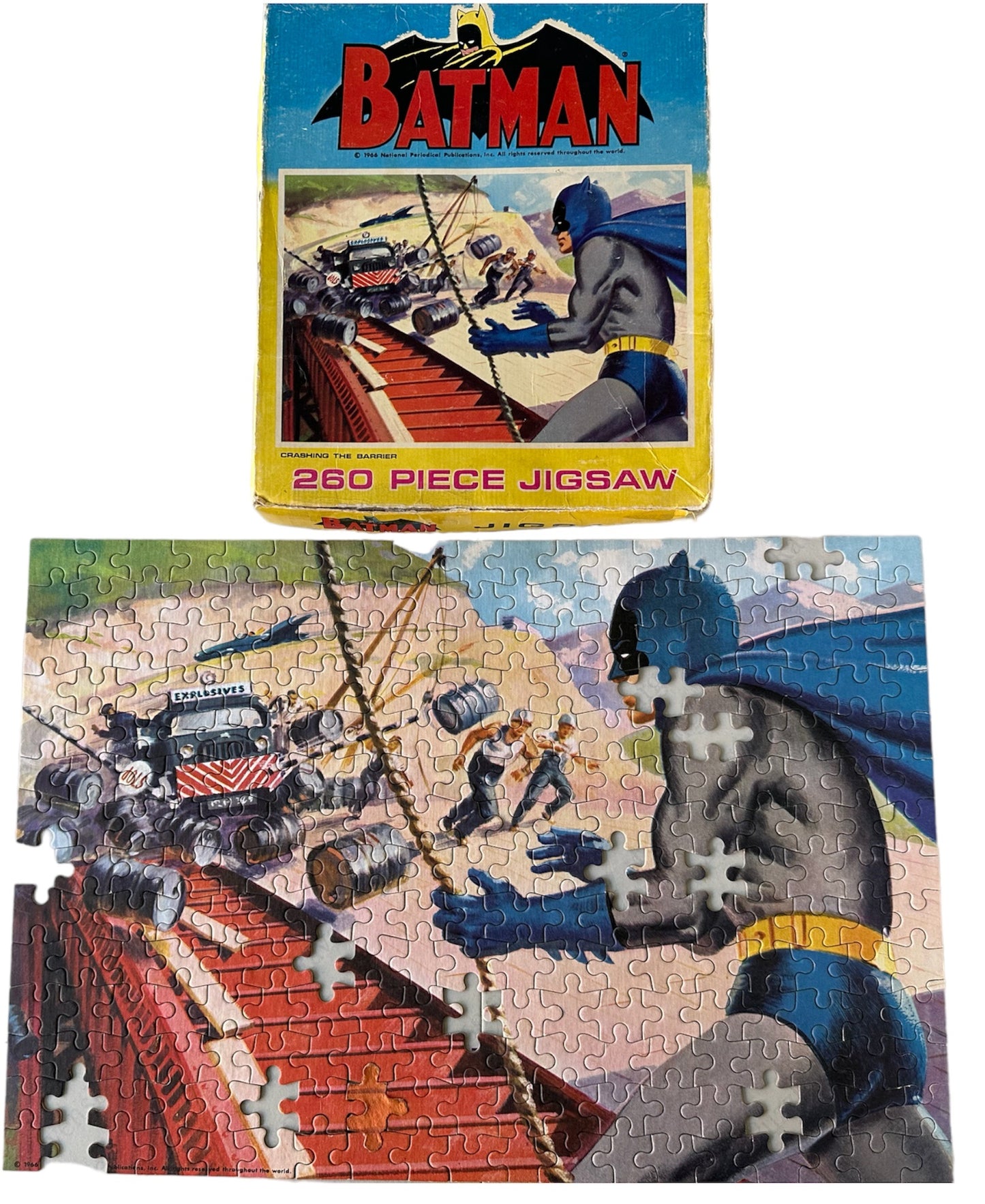 Vintage 1966 Batman 260 Piece Jigsaw Puzzle Crashing The Barrier In The Original Box - Ultra Rare