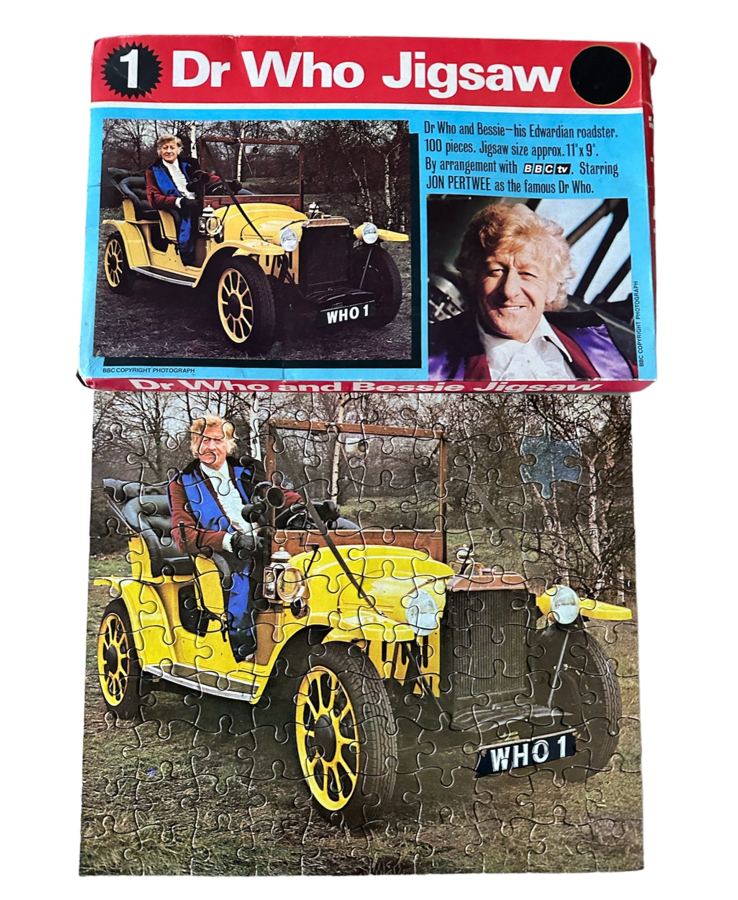 Vintage 1972 Dr Who 100 Piece Fully Interlocking Jigsaw Puzzle Featuring Jon Pertwee in The Doctor And Bessie Jigsaw No. 1 - Complete In The Original Box.