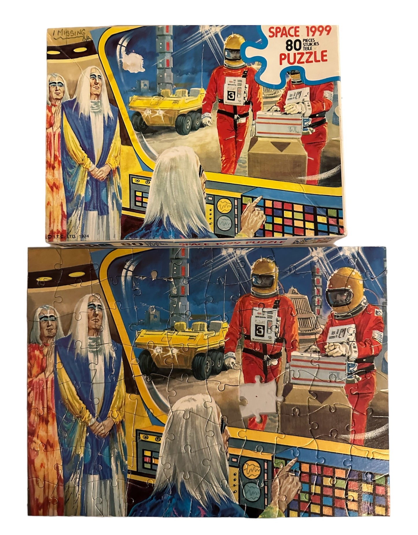 Vintage Gerry Andersons Space 1999 1974 Hope 80 Piece Fully Interlocking Jigsaw Puzzle Aliens Watching Moonbase - In The Original Box - Missing 1 Piece