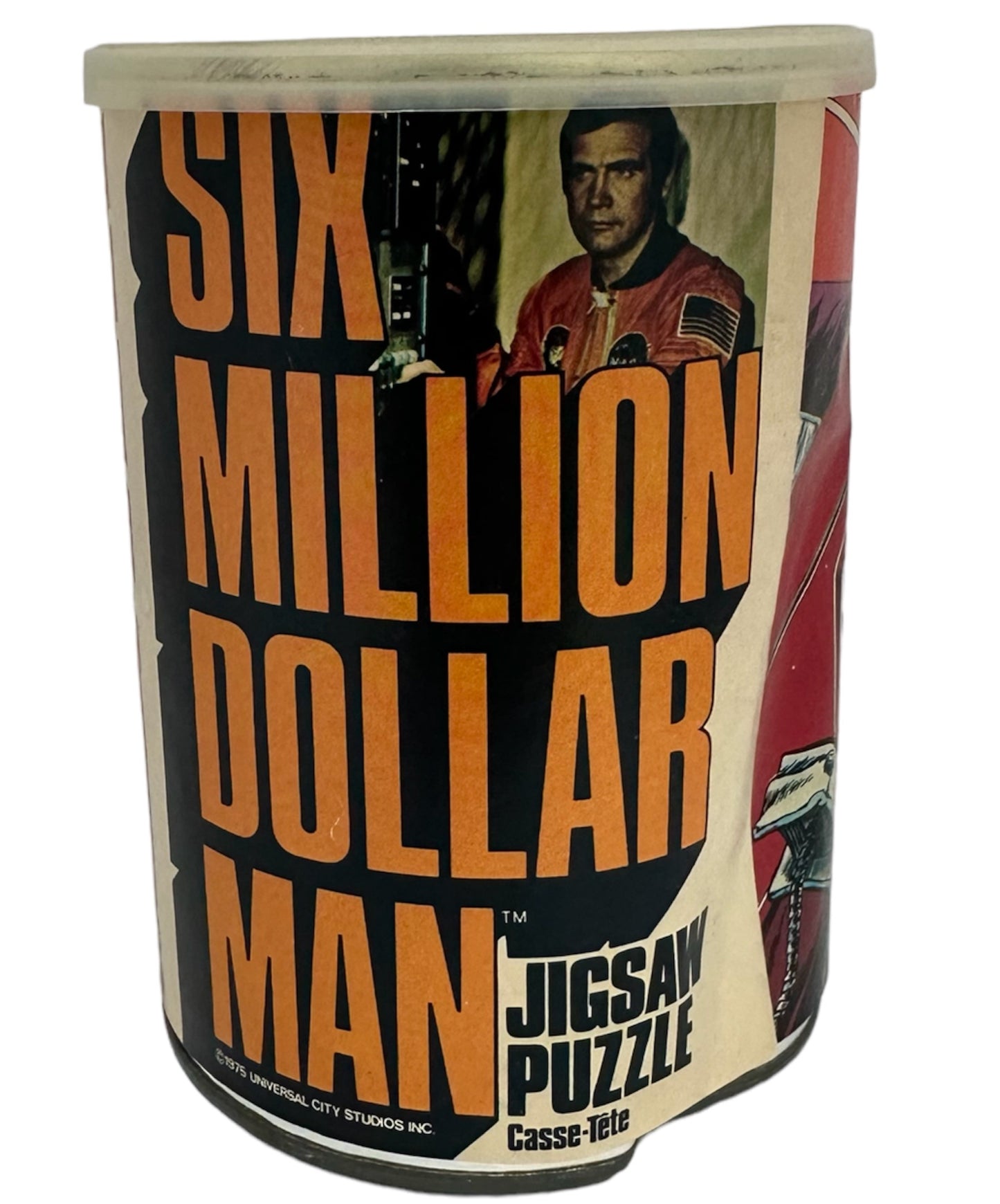 Vintage 1975 American Publishing - The Six Million Dollar Man 200  Piece Artwork Jigsaw Puzzle Number 1240  Steve Austin Saves The Girl - New In Sealed Tin - Shop Stock Room Find