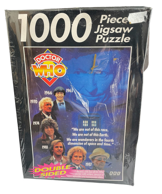 Doctor Who Vintage 1994 Alpha Marketing 1000 Piece Fully Interlocking Double Sided Jigsaw Puzzle Featuring On The Front - The First Seven Doctors In Full Colour And On The Back - Listings For All Dr Who Episodes From 1963 To 1987 - Brand New Factory