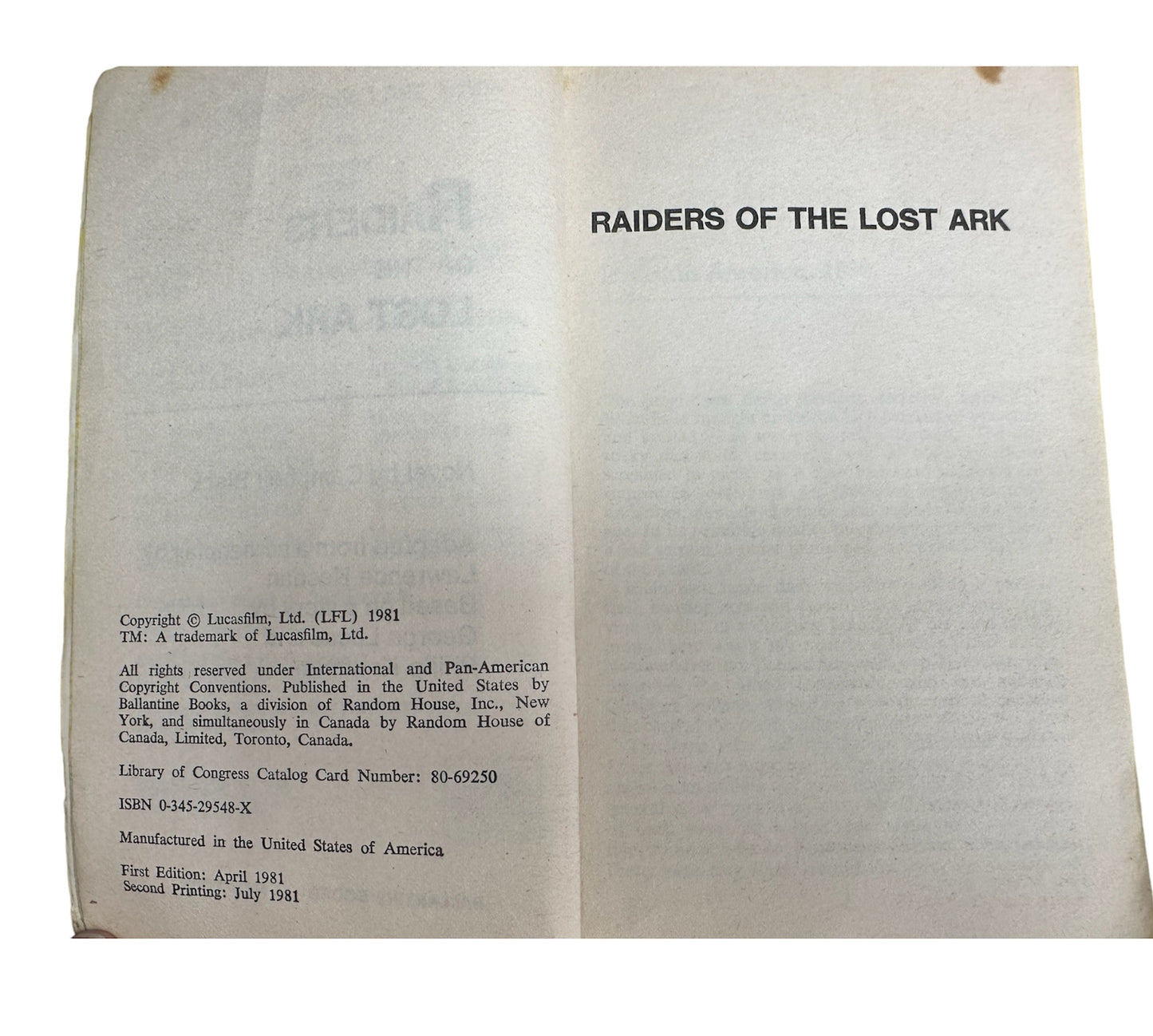 Vintage 1981 Raiders Of The Lost Arc Paperback Novel Book Adapted From The Screenplay And Based On The Movie