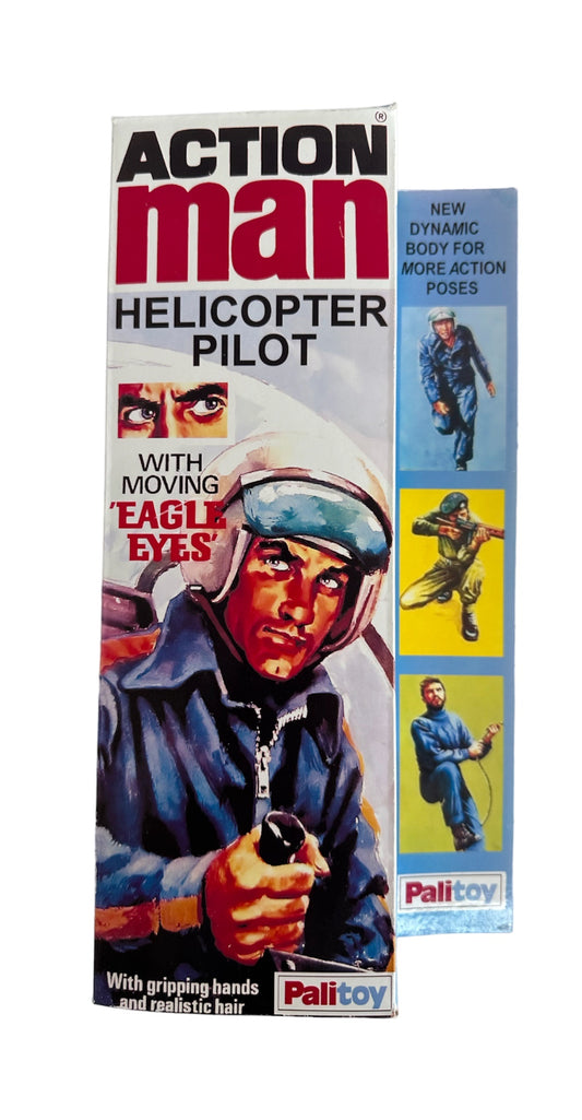 Vintage 1975 Action Man Helicopter Pilot Figure With Realistic Brown Hair And Gripping Hands - In Reproduction Box