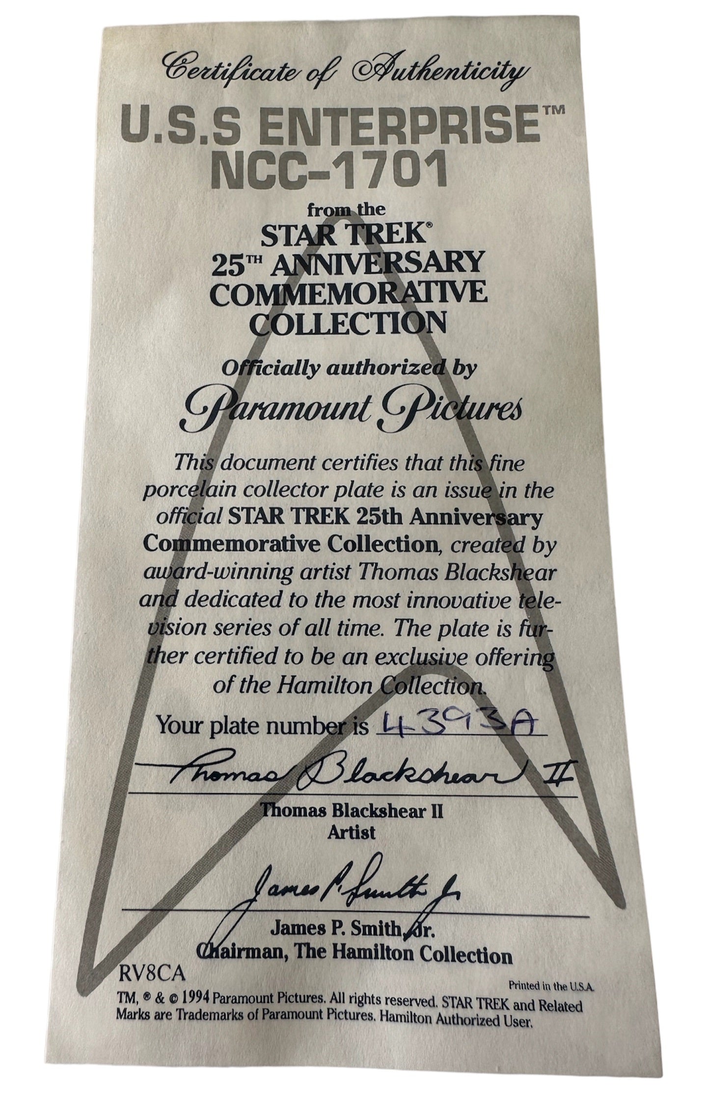 Vintage 1994 Star Trek The 25th Anniversary Commemorative Plate Collection - The Original Series USS Enterprise NCC-1701 Limited Edition Hamilton Collectors Plate - Shop Stock Room Find