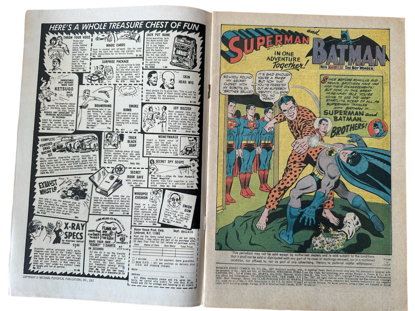 Vintage 1967 DC Worlds Finest Comics Issue Number 172 Starring Superman And Batman With Robin The Boy Wonder - Very Good Condition Vintage Comic
