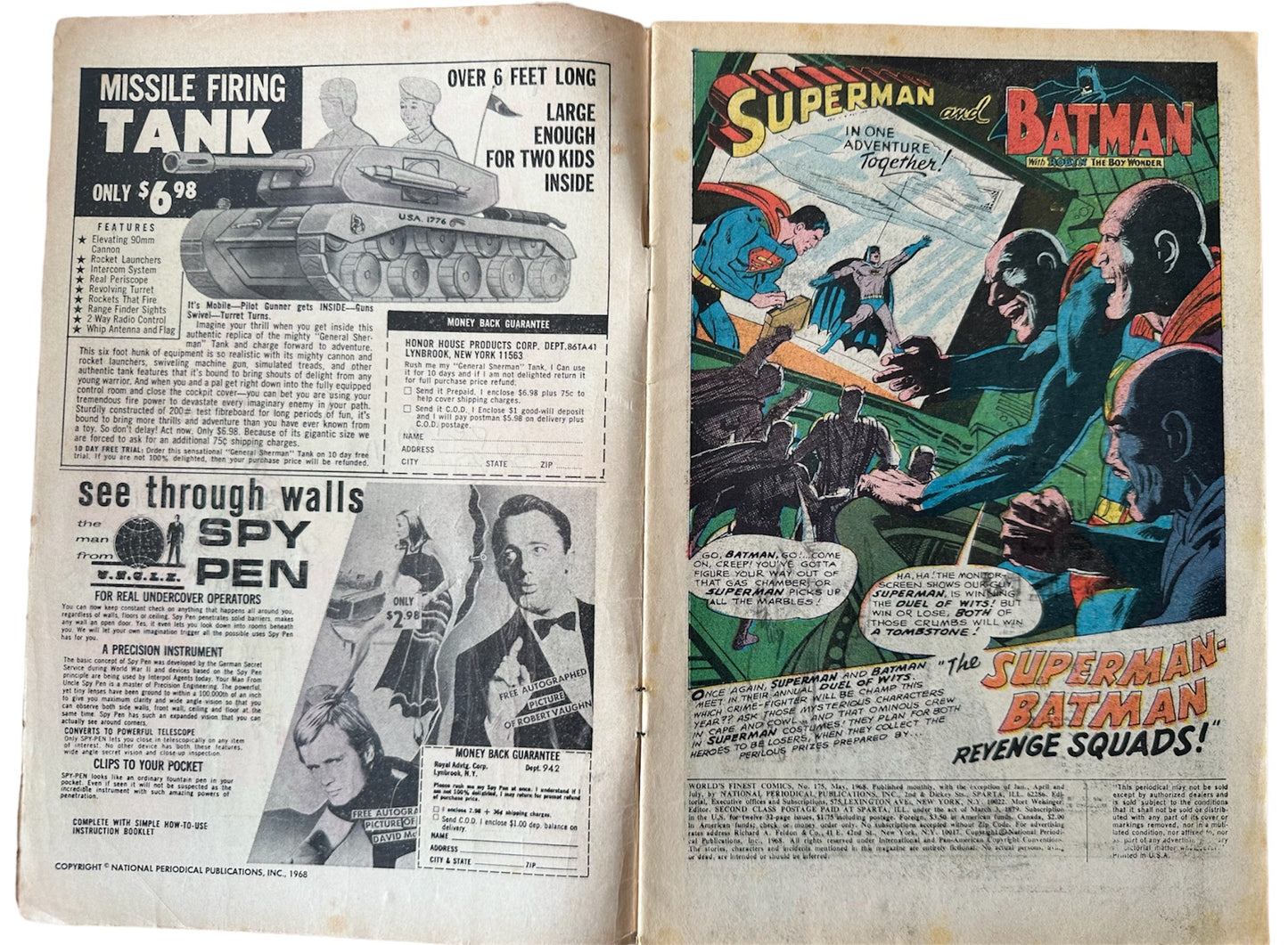 Vintage 1968 DC Worlds Finest Comics Issue Number 175 Starring Superman And Batman With Robin The Boy Wonder - Very Good Condition Vintage Comic