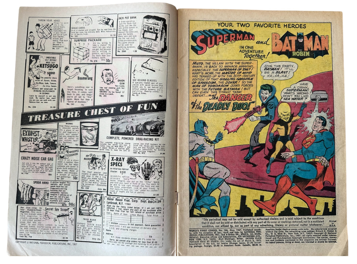 Vintage 1967 DC Worlds Finest Comics Issue Number 166 Starring Superman And Batman With Robin The Boy Wonder - Very Good Condition Vintage Comic