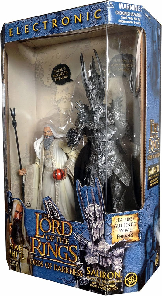 Vintage 2003 Lord Of The Rings - The Lords Of Darkness - Saruman The White &amp; Sauron With Electronic Lights And Sounds Action Figure Set - Brand New Factory Sealed Shop Stock Room Find
