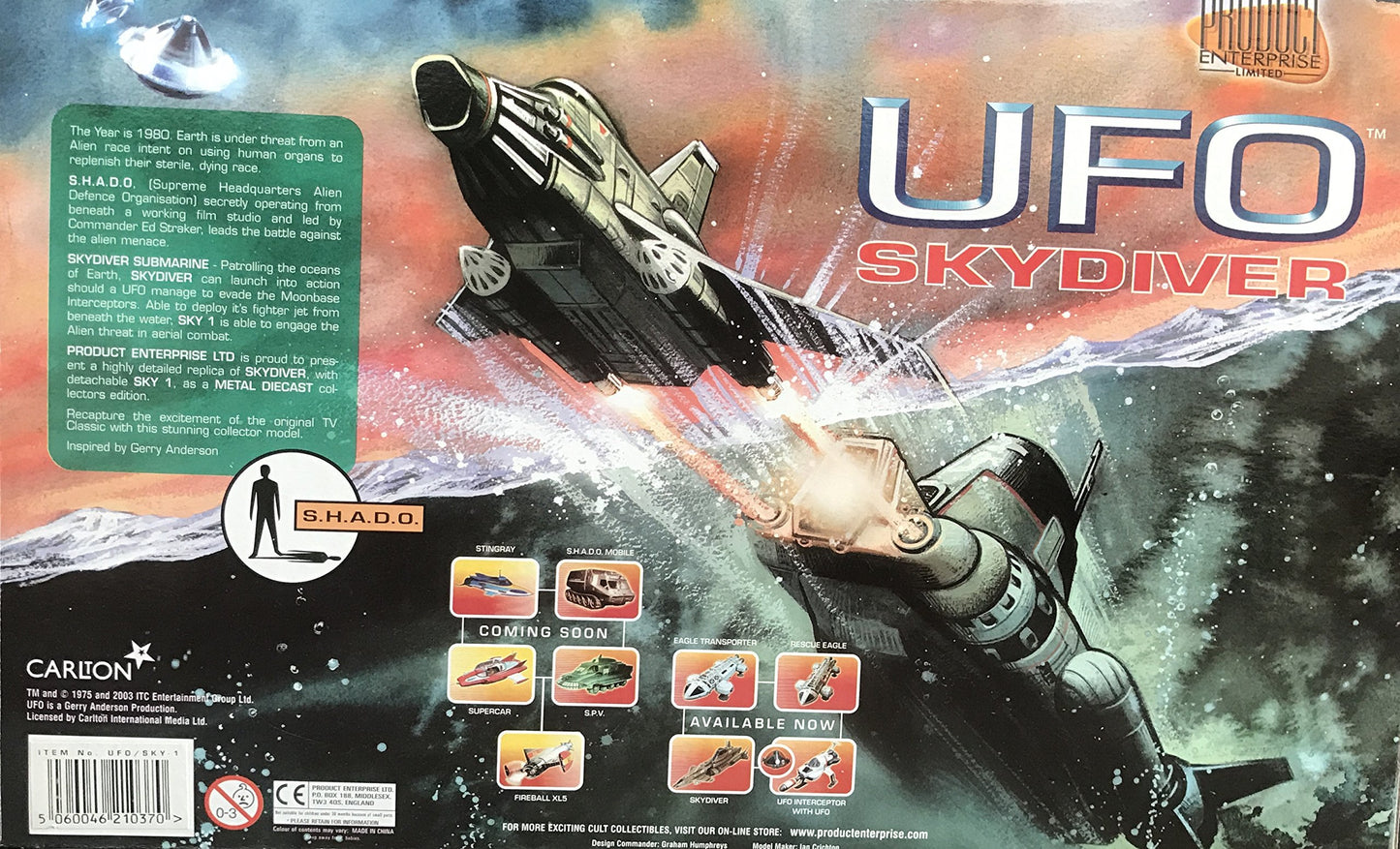 Vintage Product Enterprise 2003 Gerry Andersons UFO Skydiver 12 Inch Diecast Metal Collectors Model Set - Brand New Factory Sealed Shop Stock Room Find