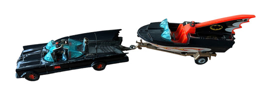 Vintage Corgi 1966 Rocket Firing Batmobile Die-cast Replica Vehicle With Batman And Robin Figures Plus The Batboat And Trailer - Very good Condition