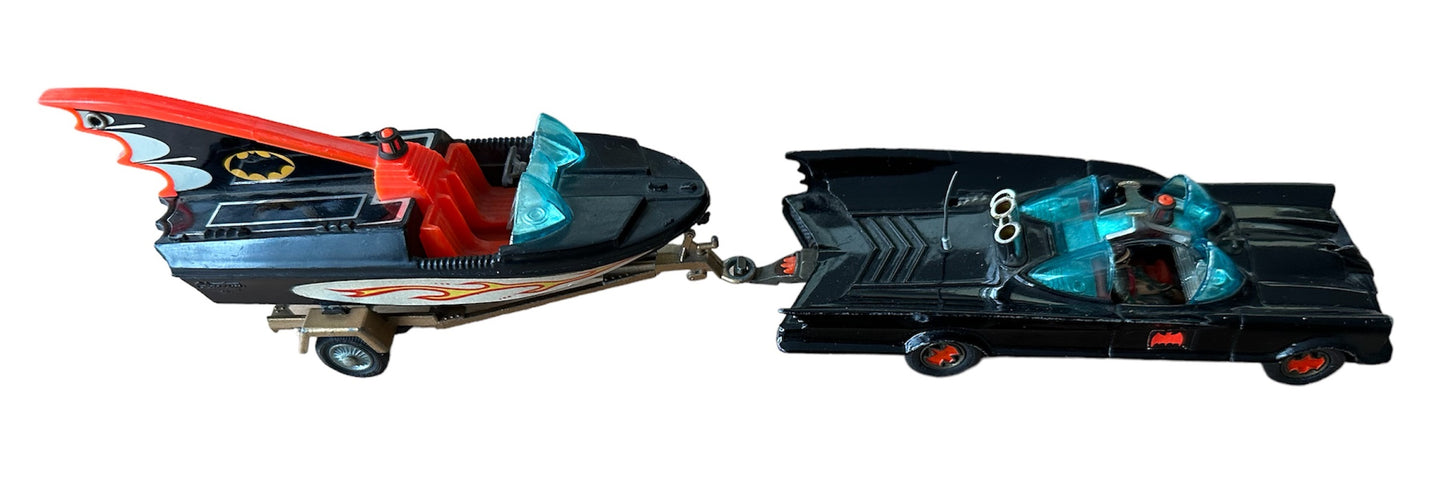 Vintage Corgi 1966 Rocket Firing Batmobile Die-cast Replica Vehicle With Batman And Robin Figures Plus The Batboat And Trailer - Very good Condition