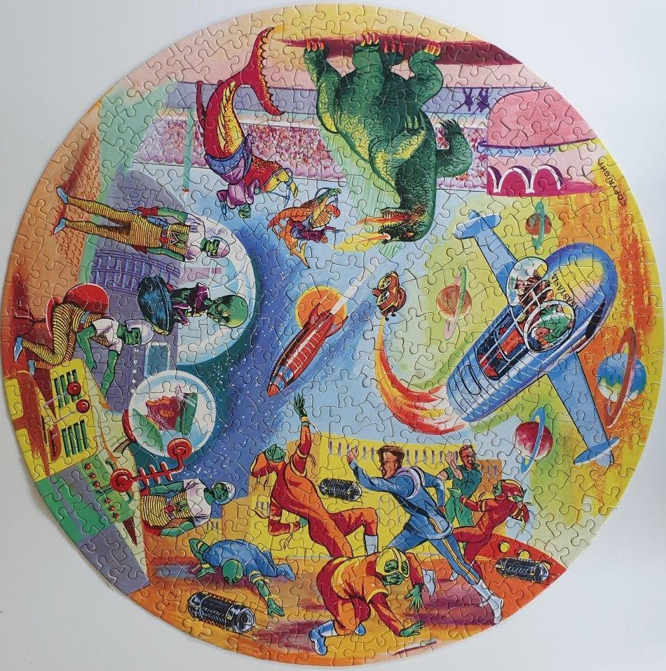 Vintage Waddingtons 1950's The Eagles Dan Dare The Circular Jigsaw Puzzle 500 Pieces - A Montage Of Dan Dares Adventures - Fantastic Condition -100% Complete - In The Original Box