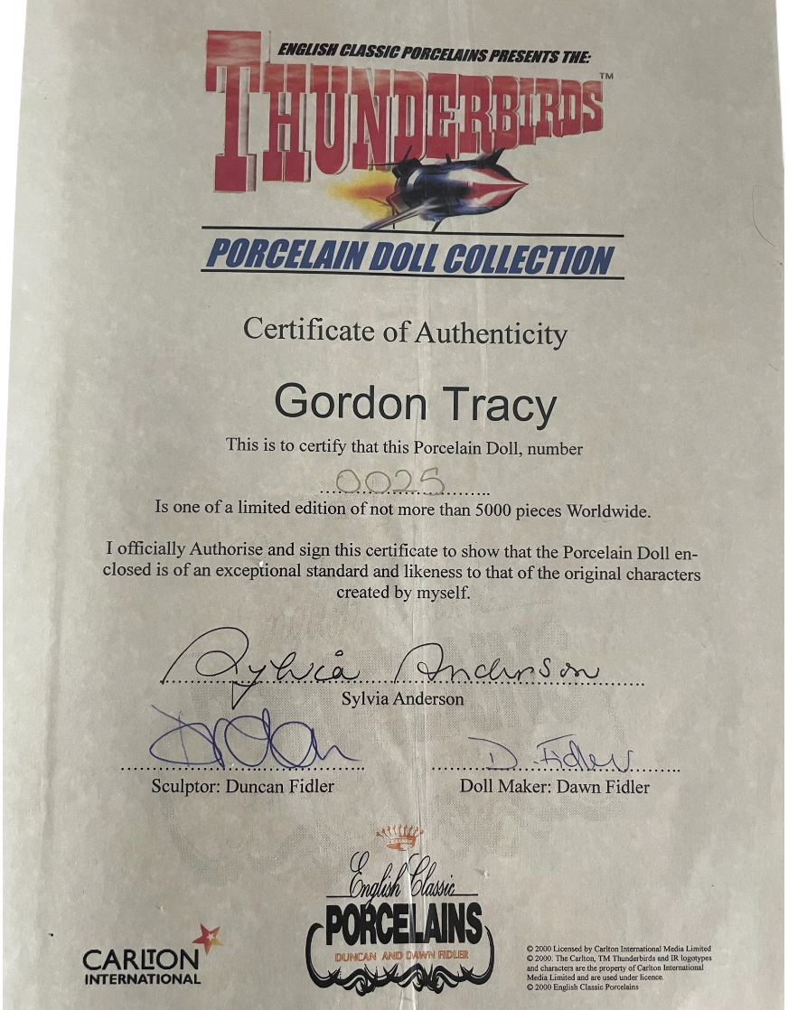 Vintage Gerry Andersons English Classic Porcelains Thunderbirds Gordan Tracy 21 Inch Porcelain Doll Collection Officially Authorized By Sylvia Anderson Limited Edition 2000 Release With COA - Fantastic Condition In The Original Tube
