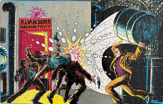 Vintage 1975 American Publishing - The Six Million Dollar Man 200&nbsp; Piece Artwork Jigsaw Puzzle Number 1240 - Danger Radioactivity - Fantastic Condition - 100% Complete In The Tin