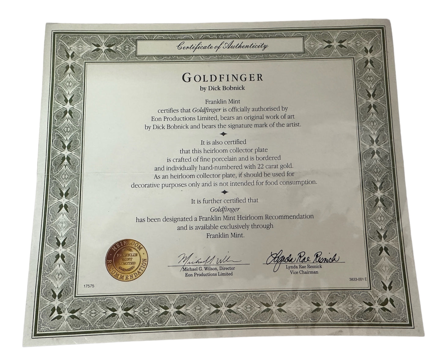 Vintage 1995 James Bond 007 Goldfinger Limited Edition Collectable Plate - Sean Connery, Gert Frobe & Harold Sakata - Shop Stock Room Find