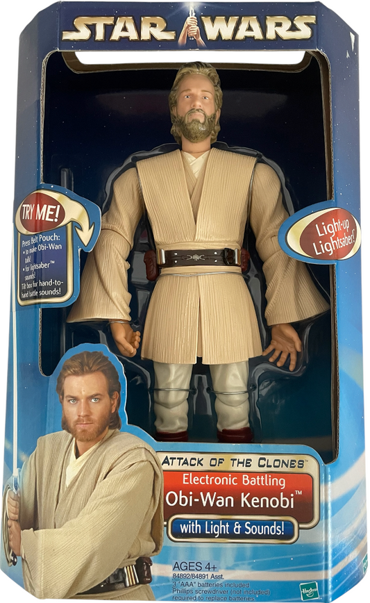 Vintage 2002 Star Wars Attack Of The Clones 12 Inch Electronic Battling Obi-Wan Kenobi Action Figure With Lights And Sounds - Brand New Factory Sealed Shop Stock Room Find