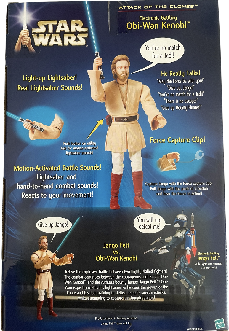 Vintage 2002 Star Wars Attack Of The Clones 12 Inch Electronic Battling Obi-Wan Kenobi Action Figure With Lights And Sounds - Brand New Factory Sealed Shop Stock Room Find