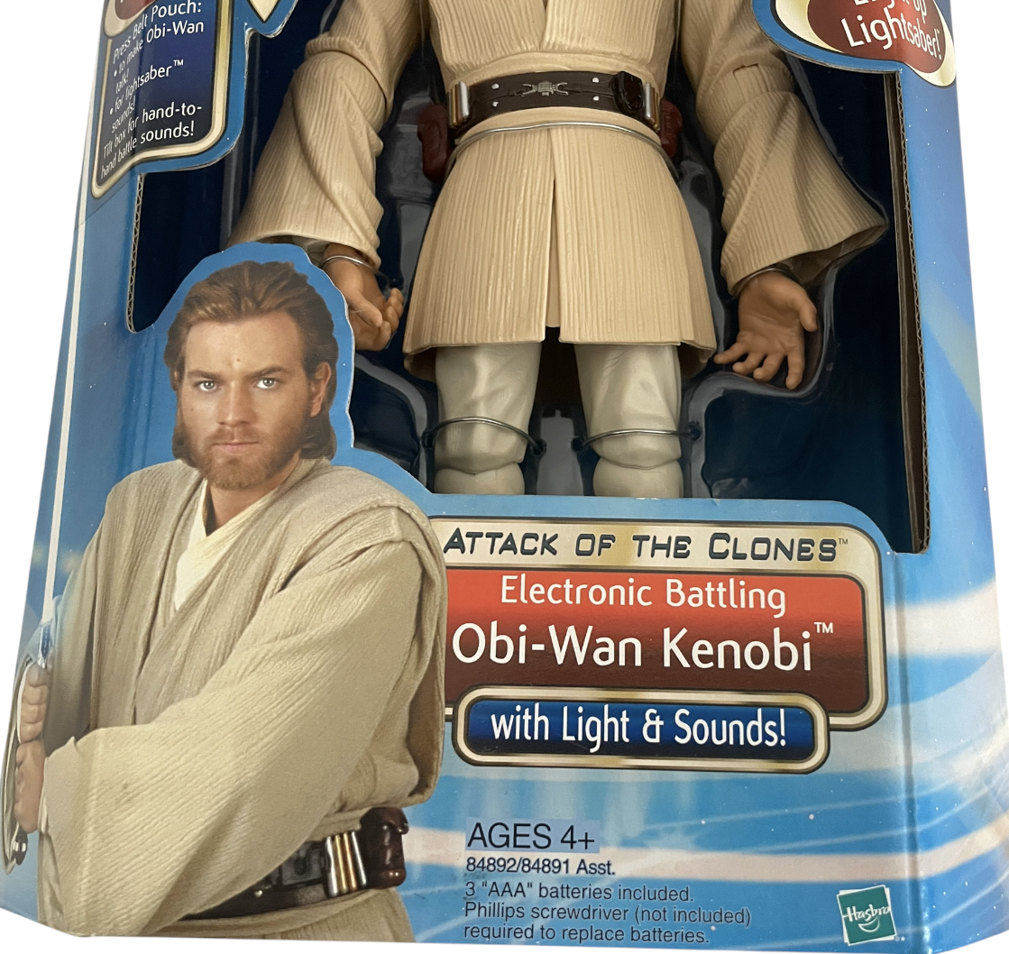 Vintage 2002 Star Wars Attack Of The Clones 12 Inch Electronic Battling Obi-Wan Kenobi Action Figure With Lights And Sounds - Brand New Factory Sealed Shop Stock Room Find