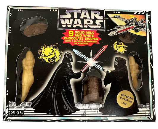 Vintage 1996 Star Wars Box Of 9 Solid Milk And White Chocolate Figure Shapes Complete With Cut Out Bookmark On Back of Box - Shop Stock Room Find