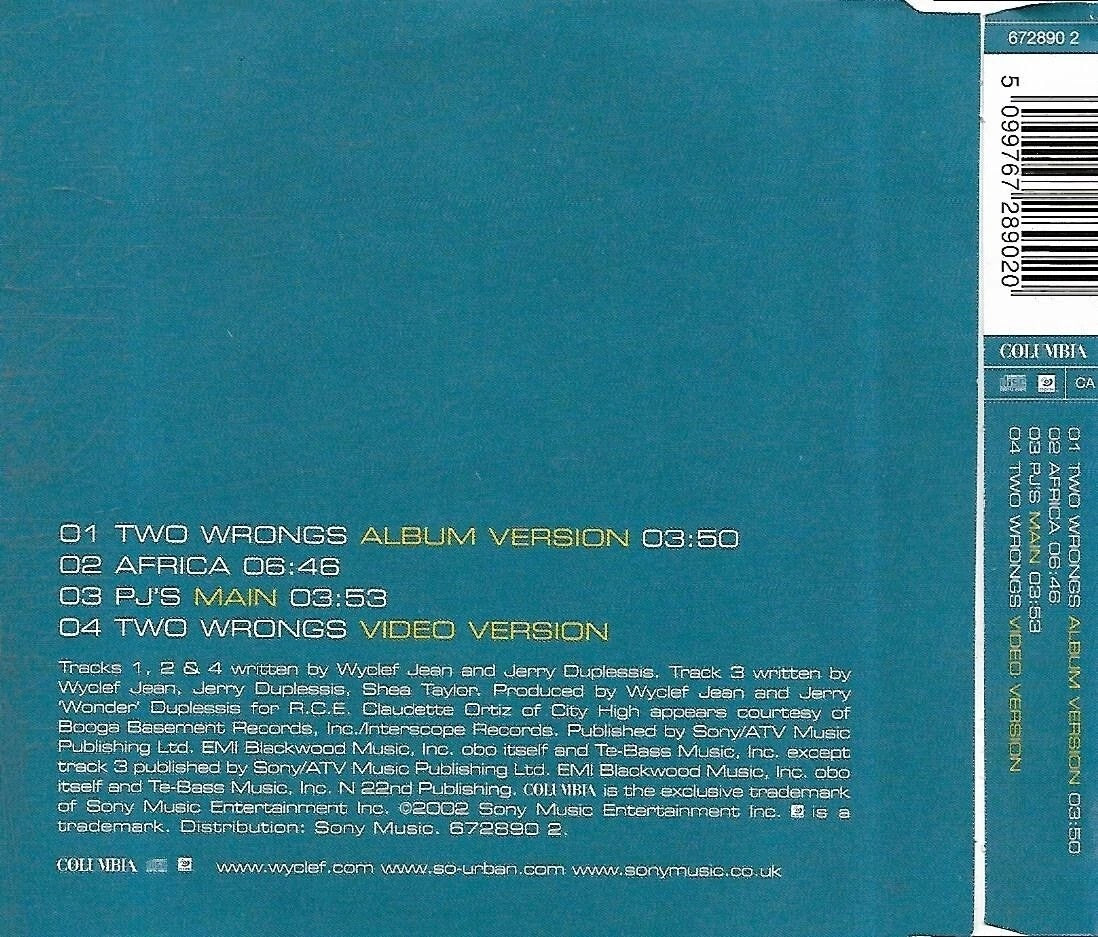 Two Wrongs Don't Make It Right - Audio CD Single - Wyclef Jean - Featuring Claudette Ortiz Of City High