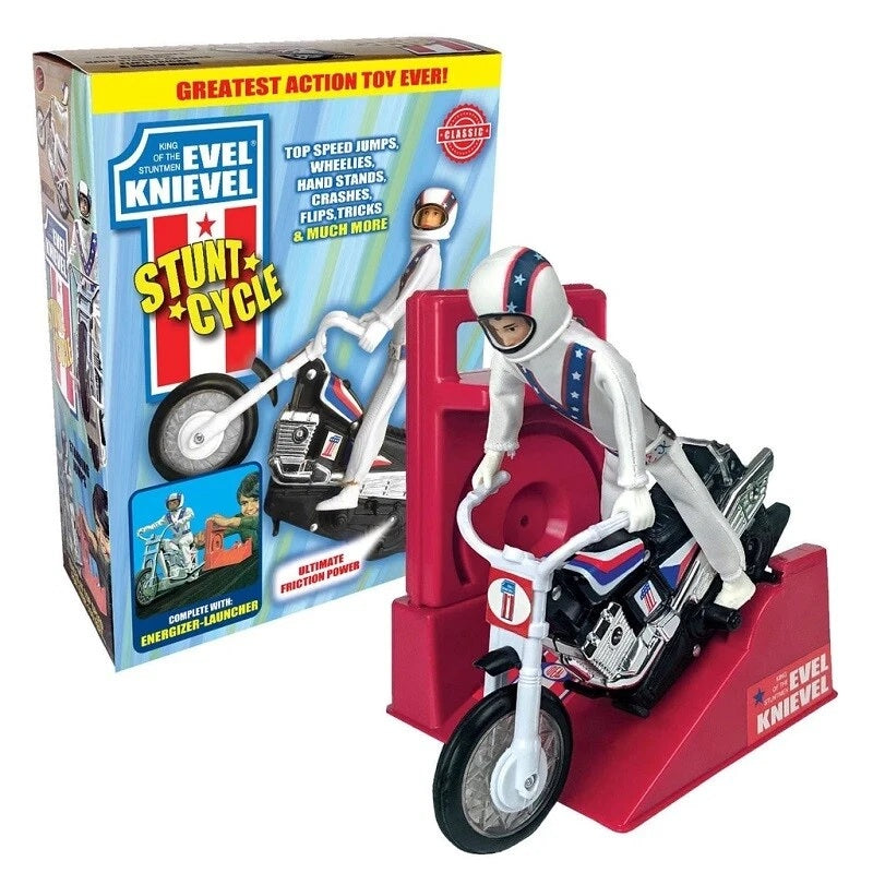 Classic Retro Reissue Evel Knievel King Of The Stuntmen Stunt Cycle Bike Complete With Evel Knievel Figure And Gyro Energizer - New In Box - Unsold Shop Stock
