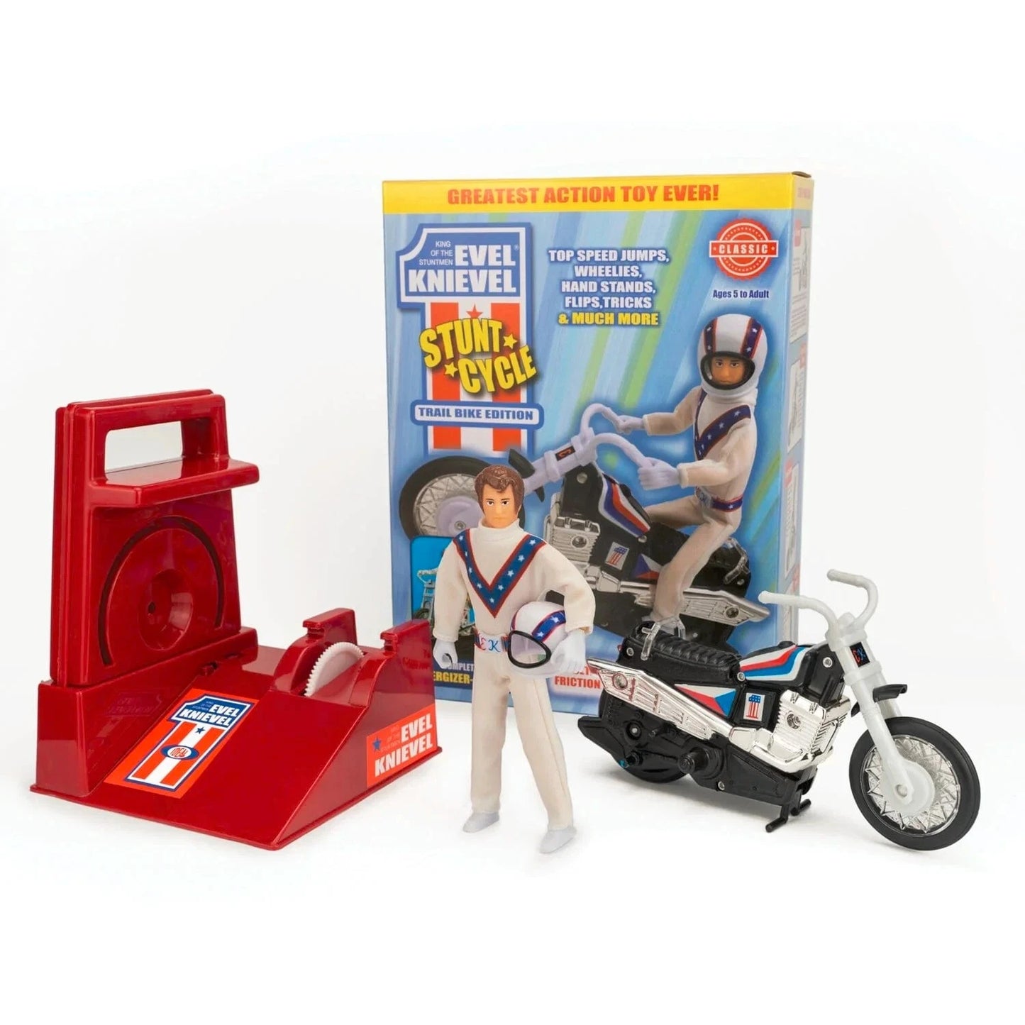 Classic Retro Reissue Evel Knievel King Of The Stuntmen Stunt Cycle Bike Complete With Evel Knievel Figure And Gyro Energizer - New In Box - Unsold Shop Stock