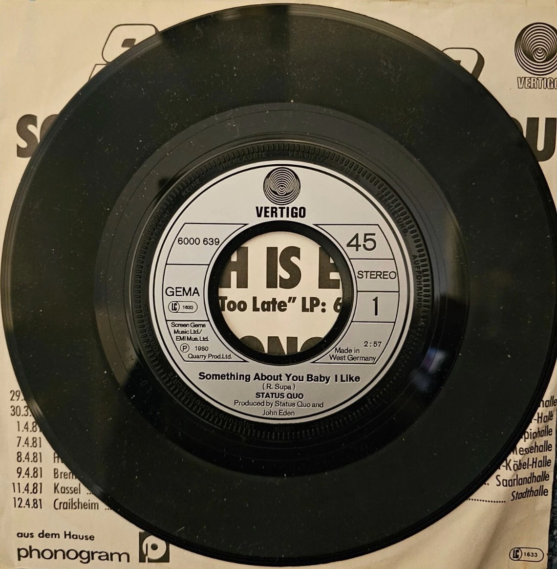 Vintage 1981 Staus Quo - Something 'Bout You Baby I Like 7 Inch Vinyl Record - Vertigo Records Label