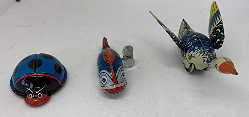 Vintage 1970's Japan Made - Set Of 3 Tin Plate Toys Including - Clockwork Goose / Clockwork Fish / Friction Drive Lady Bug - Shop Stock Room Find