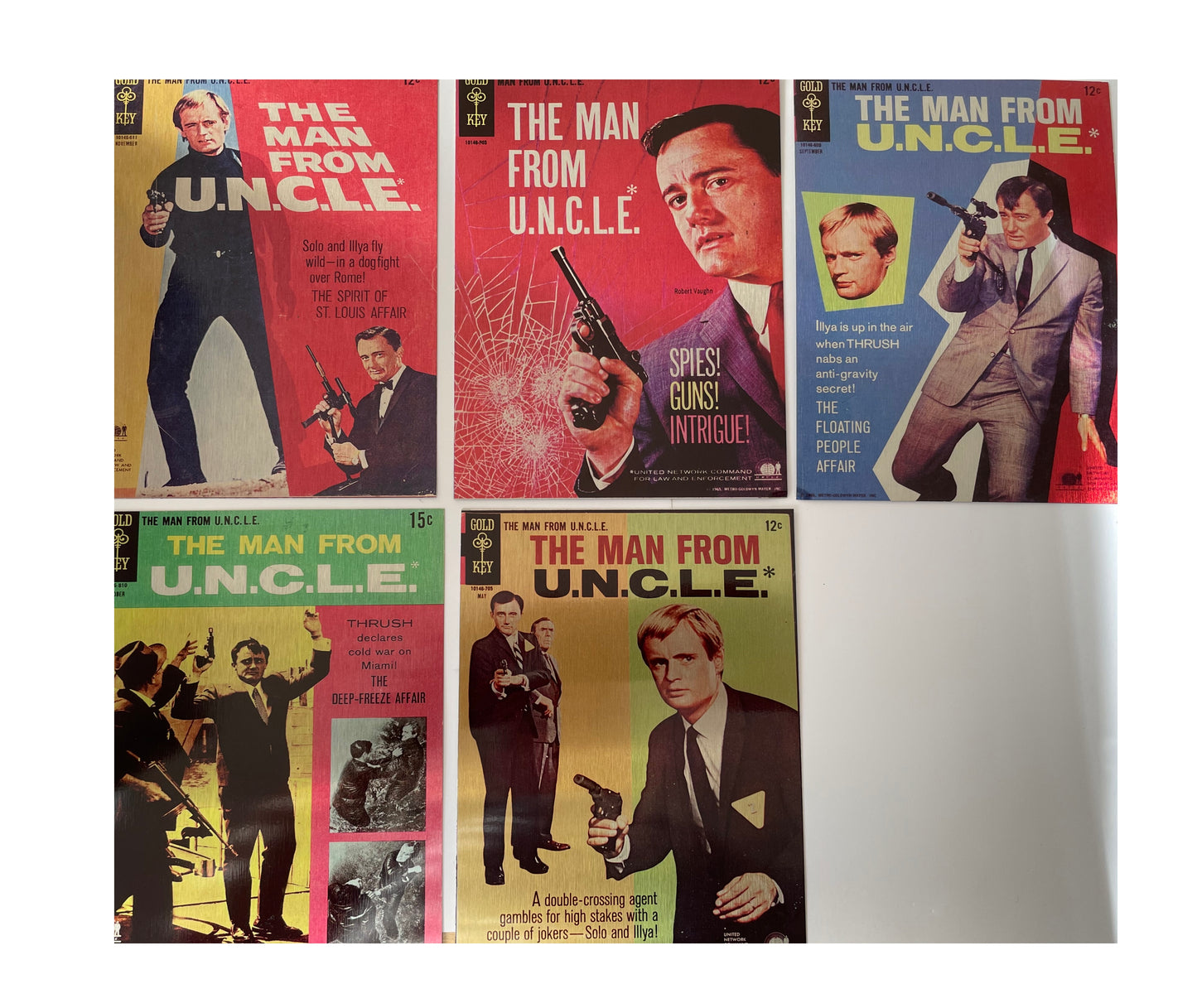 Vintage 1960's The Man From Uncle Set Of 5 Comic Book Covers Metal Signs - Napoleon Solo - Illia Kuriakin - U.N.C.L.E - Mint Condition Shop Stock Room Find