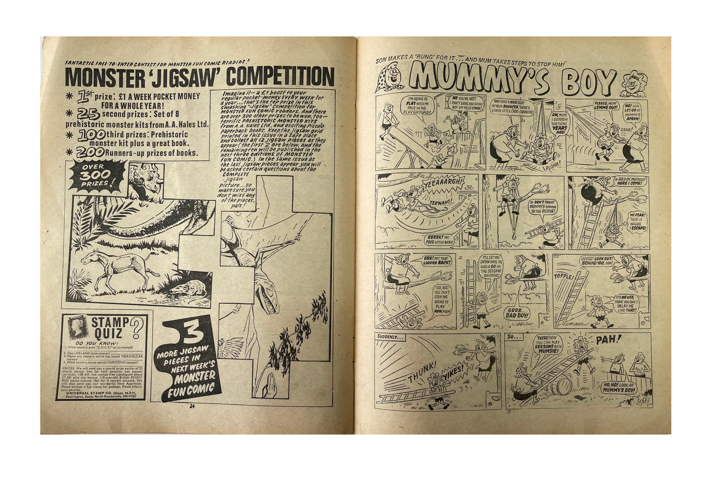 Vintage 1975 Monster Fun Comic Issue No. 3 With Super Shaking Skeleton Free Gift And Badtime Bedtime Book Pull Out - 28th June 1975 - Very Good Condition