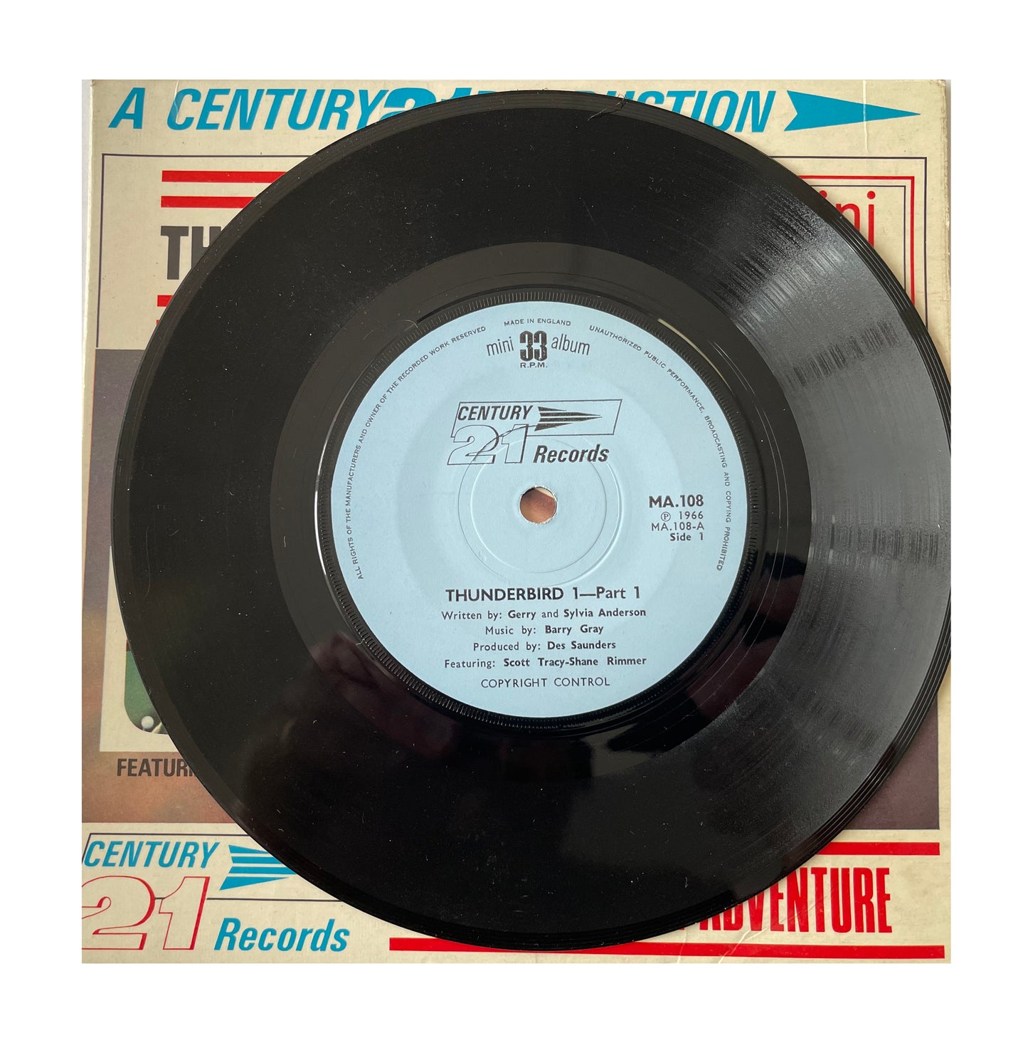Vintage 1966 Gerry Andersons - A Century 21 Production - Thunderbird 1 Featuring Scott Tracy - 33RPM Mini Album - 21 Minutes Of Adventure Vinyl Record