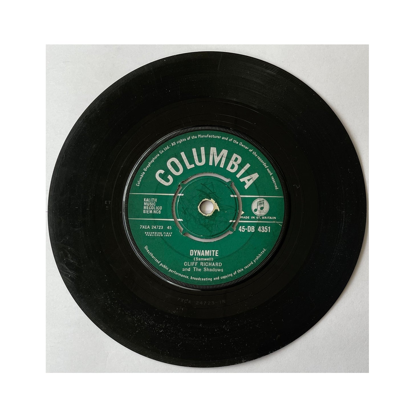 Vintage 1959 Cliff Richard And The Shadows A.Side Travellin Light, B.Side Dynamite, Columbia Records Label 7 Inch Vinyl Record
