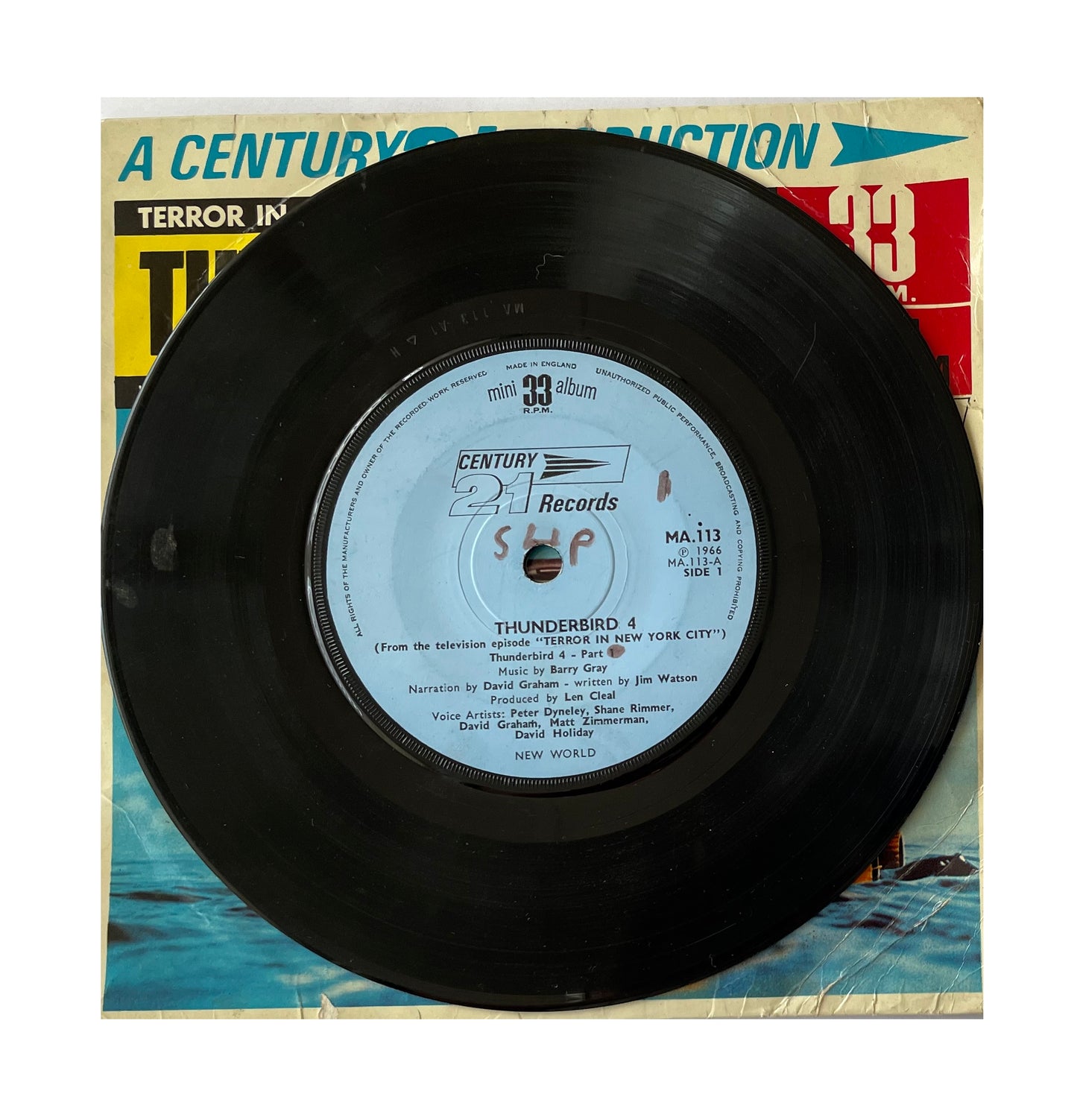 Vintage 1966 Gerry Andersons Thunderbirds A Century 21 Production - Terror In New York Featuring Thunderbird 4 With Pilot Gordon Tracy - 33RPM Mini Album - 21 Minutes Of Adventure Vinyl Record