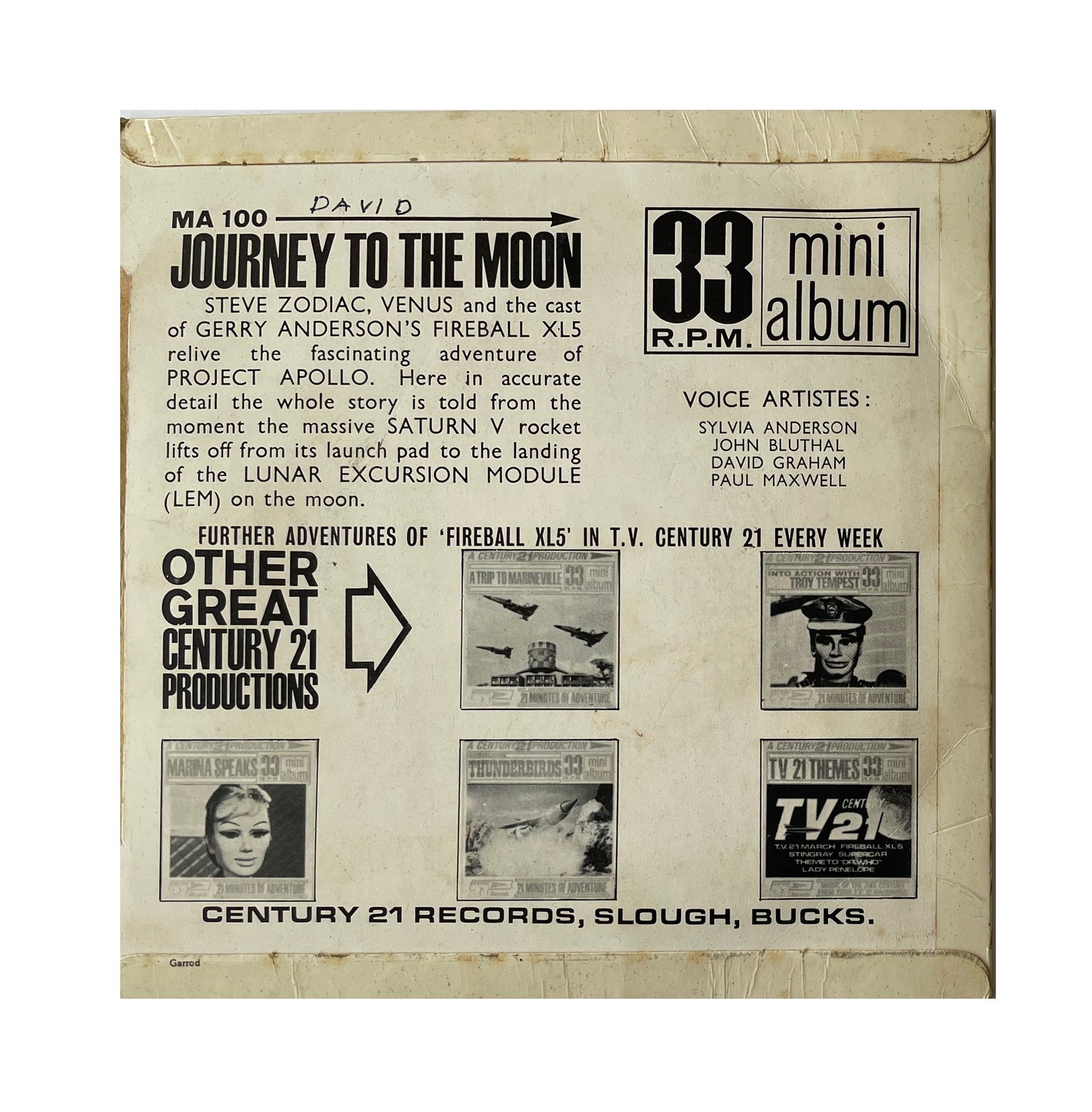 Gerry Andersons Vintage A Century 21 Production - Fireball XL5 Journey To The Moon - 33RPM Mini Album - 21 Minutes Of Adventure Vinyl Record Vintage 1965