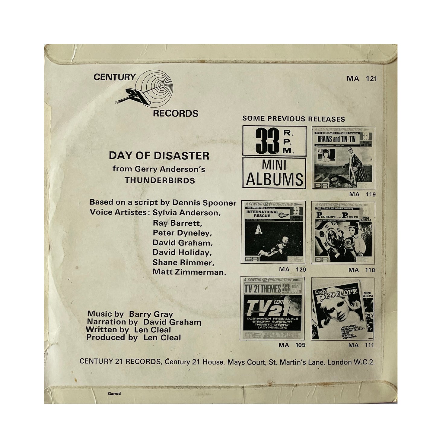 Vintage Gerry Andersons Century 21 Records Production - Day Of Disaster Featuring Thunderbirds - 33RPM Mini Album - 21 Minutes Of Adventure Vinyl Record Vintage 1967 No. MA 121