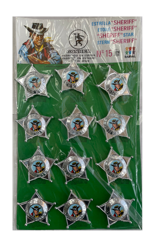 Vintage 1950's / 1960's Gonher / Barval Sheriff Star Pin Badge - Set Of 12 On Shop Display Card - Un Punched