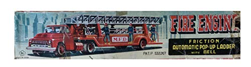 Fire Engine Vintage 1950's Japan Made - Tin Plate M.F.D Friction With Automatic Pop-Up Extendable Ladder With Bell - Fantastic Condition In The Original Box