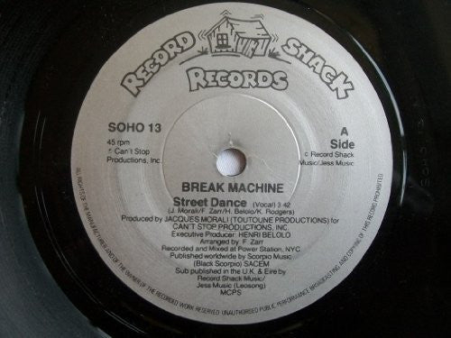Break Machine A. Side Street Dance, B.Side Street Dance Instrumental, Record Shack Records Label 1984, 7 inch vinyl Single Record